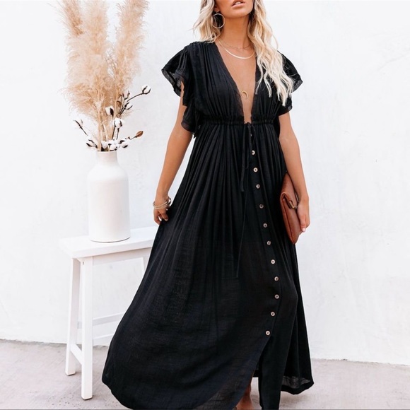 New Bohemian Long Black Gauze Button Front Flutter Maxi Summer Dress - Picture 2 of 11
